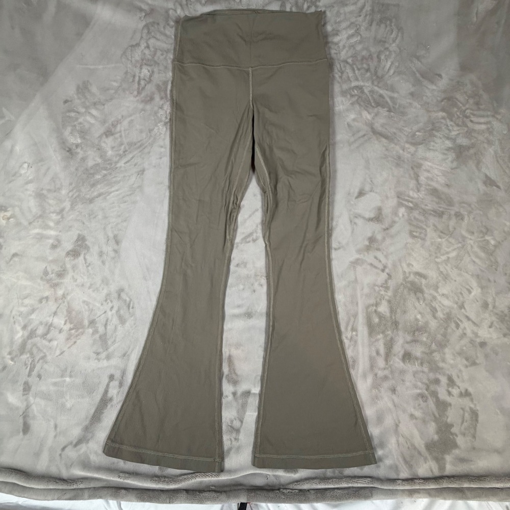 Lululemon Ribbed High Rise Flare Leggings Olive Green Bell Bottom Pants Size 10